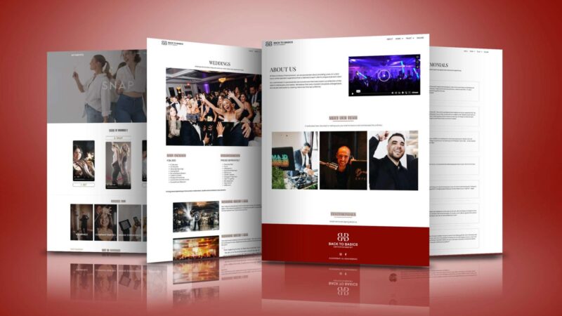 Back To Basics Entertainment luxury wedding DJ website design showing about page, wedding packages and testimonials by Ali Dev Solutions