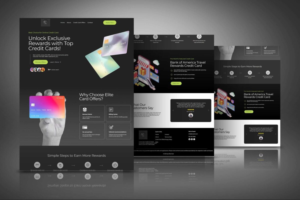 Dark mode credit card offers landing page design with 3D card visuals, benefit grid and testimonial slider by Ali Dev Solutions