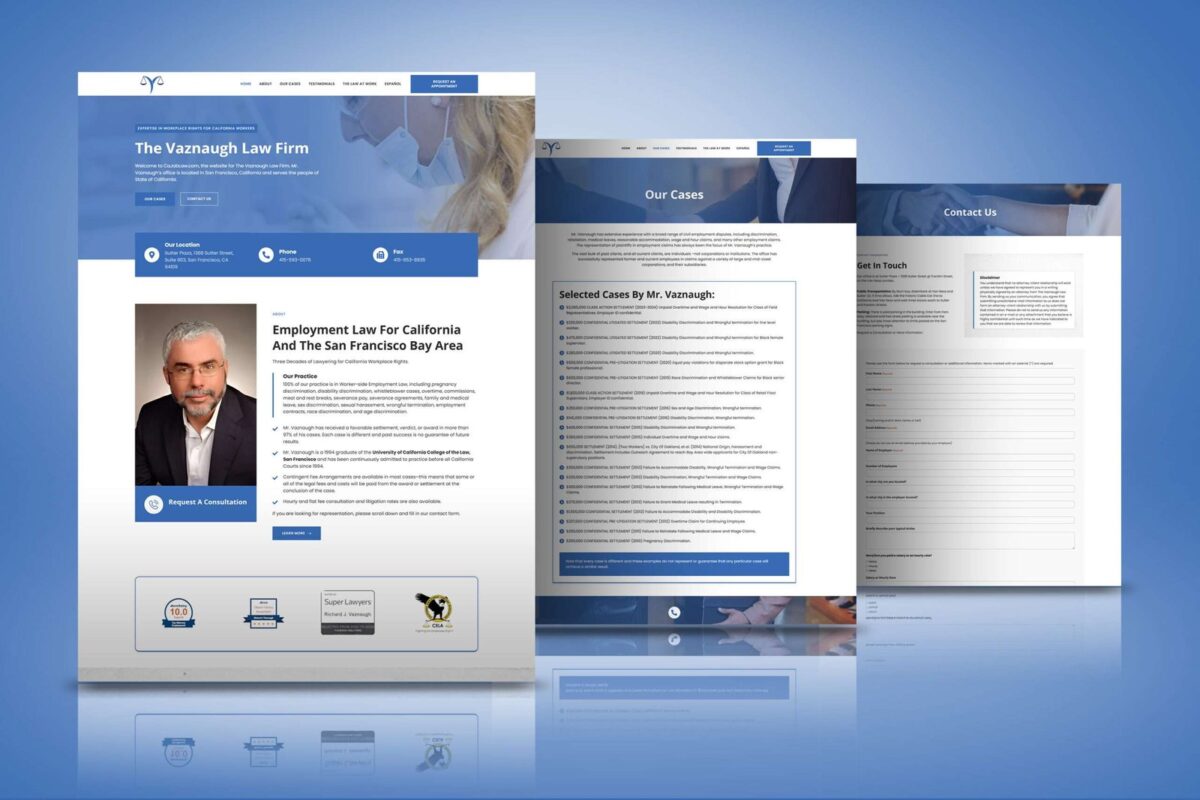 Vaznaugh Law Firm employment law website design showing homepage, case results page and consultation intake form by Ali Dev Solutions