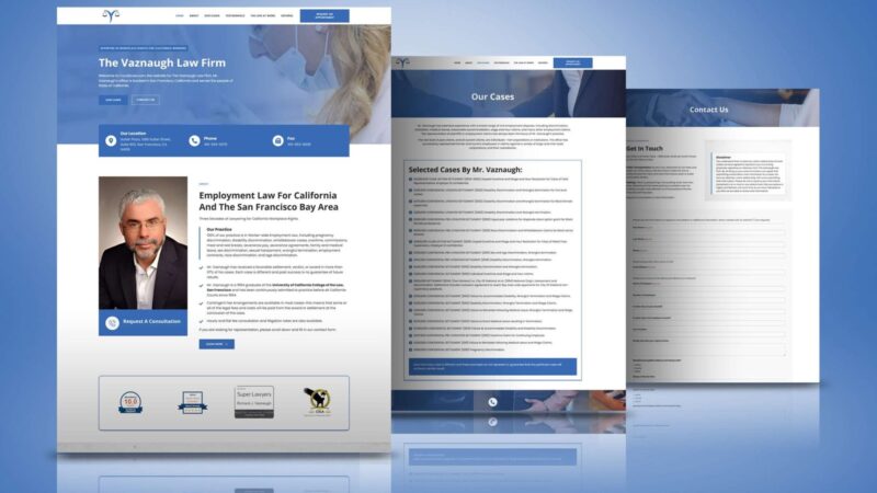 Vaznaugh Law Firm employment law website design showing homepage, case results page and consultation intake form by Ali Dev Solutions